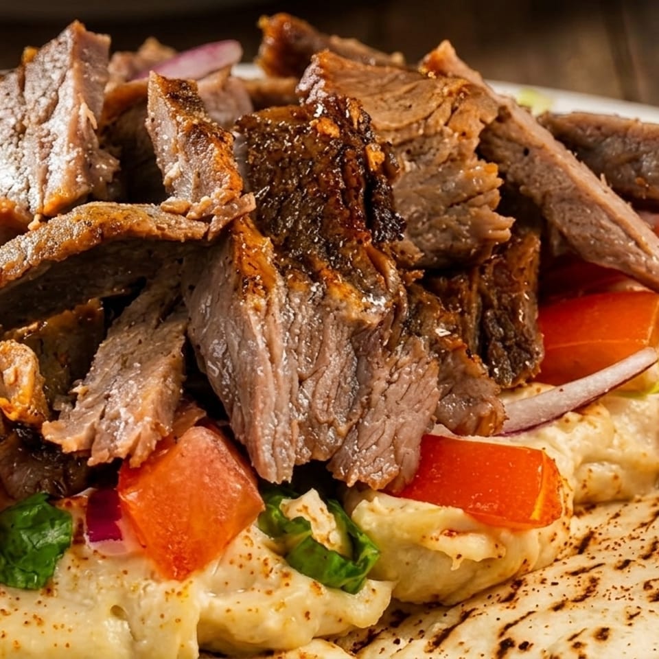 Close-up of a beef shawarma plate with hummus, tomatoes, onions, and pickled turnips on pita bread.