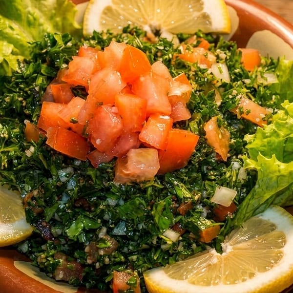A vibrant tabbouleh salad with fresh parsley, diced tomatoes, and lemon slices on a rustic wooden table.