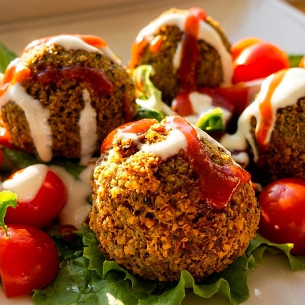 Crispy falafel balls drizzled with white sauce and red chili sauce, served on lettuce with cherry tomatoes.