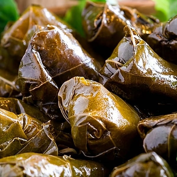 Close-up of numerous shiny, dark green stuffed grape leaves, known as dolmades, nestled together.
