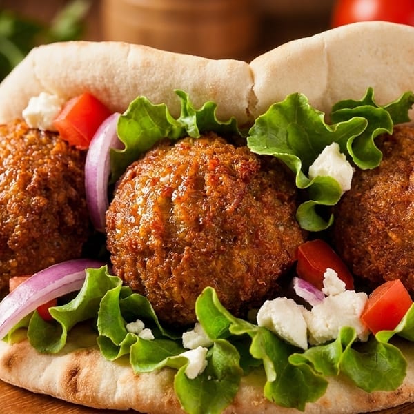 Three falafel balls in pita bread with lettuce, tomatoes, red onions, and feta cheese.