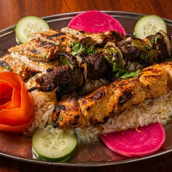 Grilled chicken and beef skewers with rice, cucumber, pickled radish, and lemon on a metal platter.